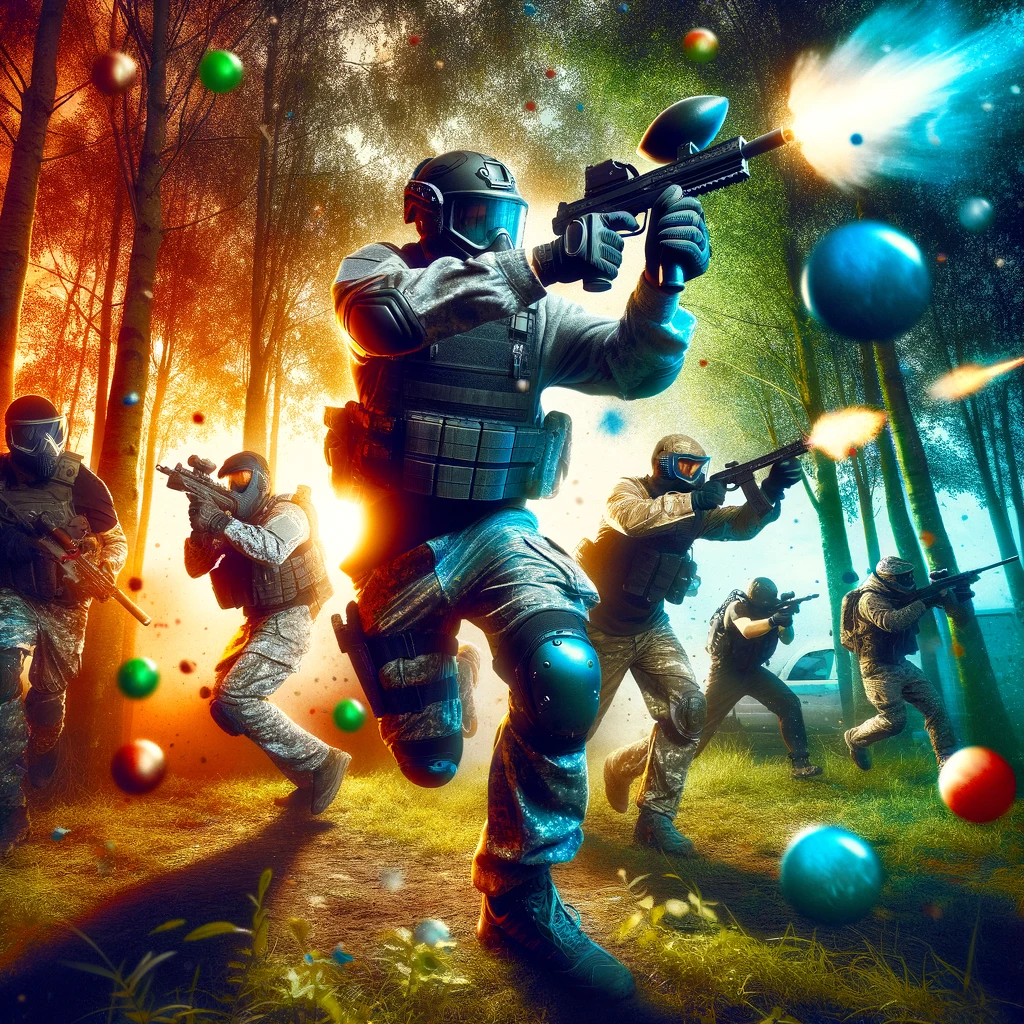 dall·e 2025 01 03 13.46.25 a dynamic action scene showing people engaged in a gel blasting match outdoors, with vibrant colors, trees, and dynamic poses. the players wear tactic